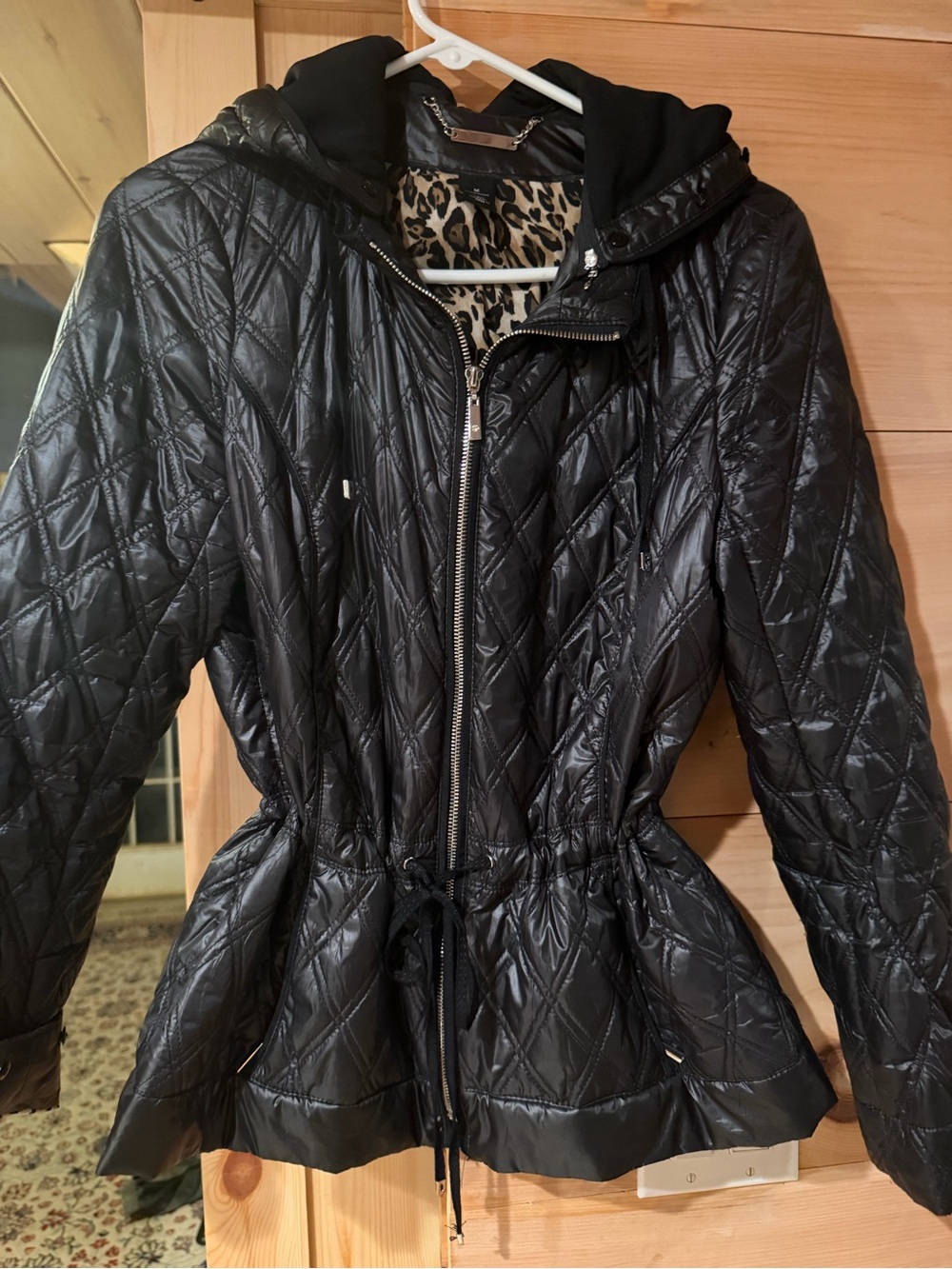 White House Black Market Black Quilted Hooded Puffer Jacket with Leopard Lining